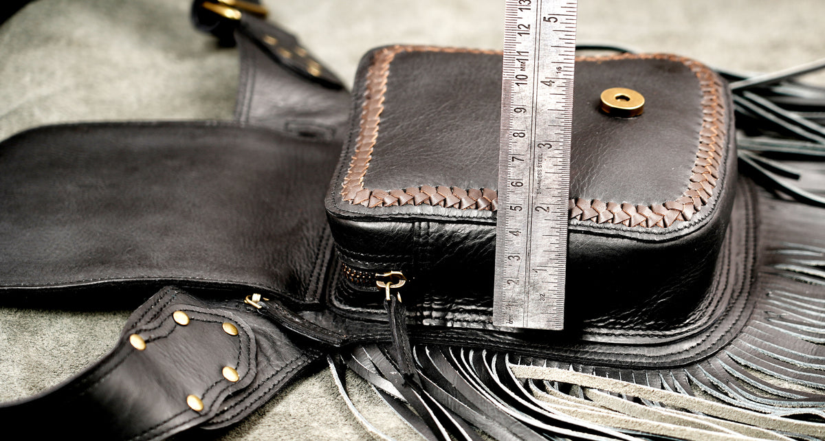 Handmade Black Leather Fringe Belt Bag Boho Festival Hip Pouch Adjustable Waist