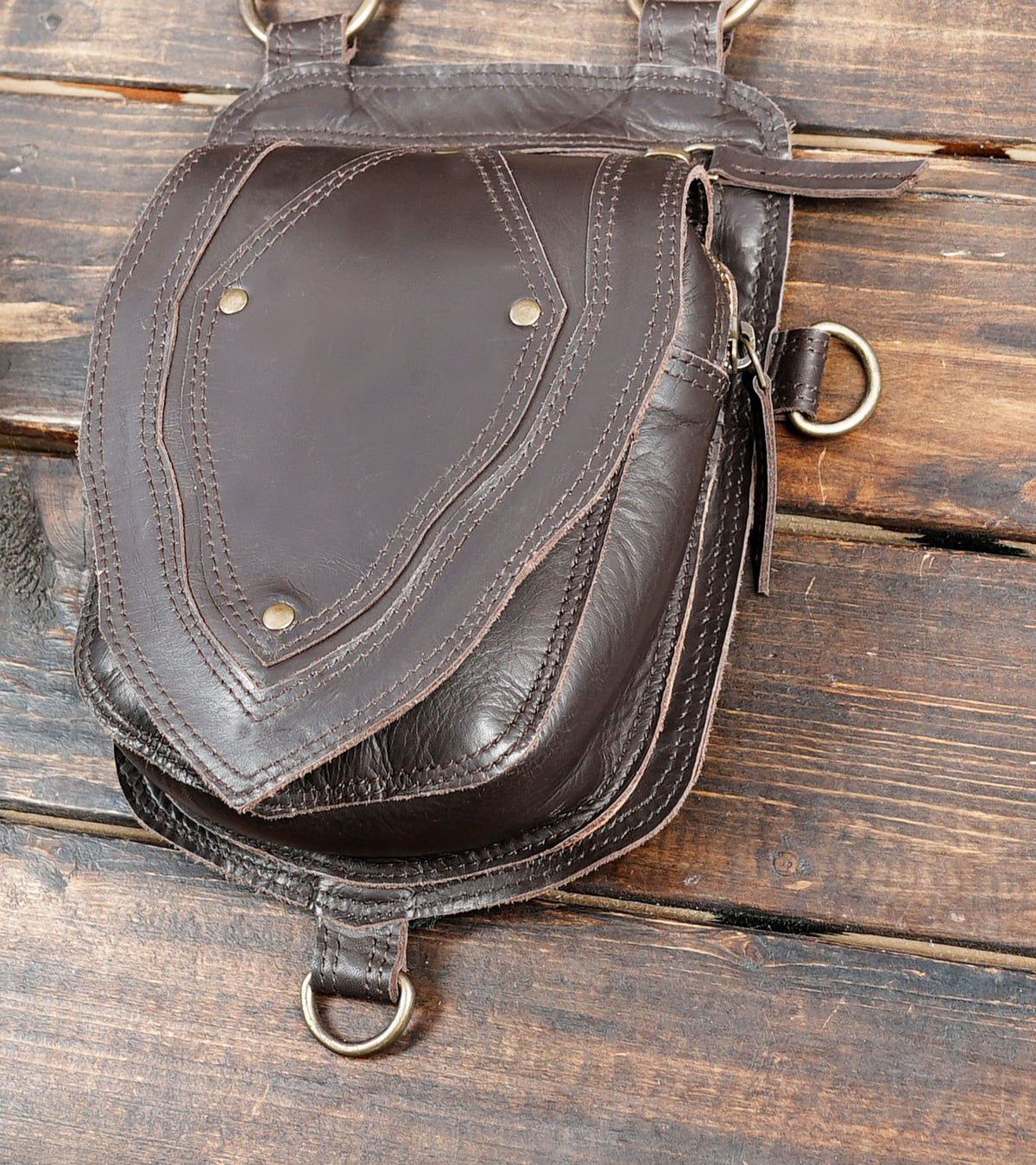 Unisex gothic leather harness accessory with two matching utility pouches