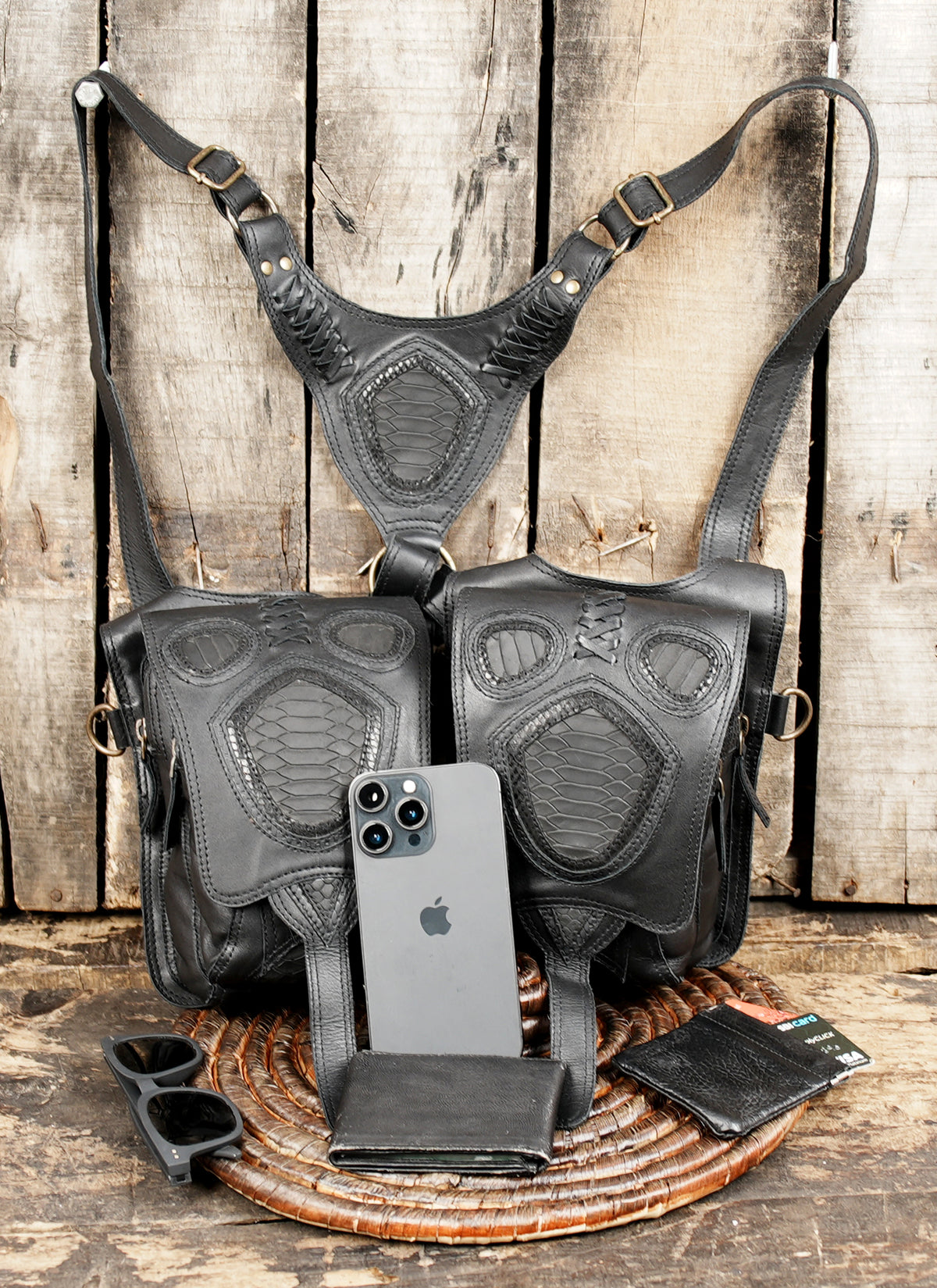 Adjustable leather harness pouch set for steampunk, cosplay, and rave fashion