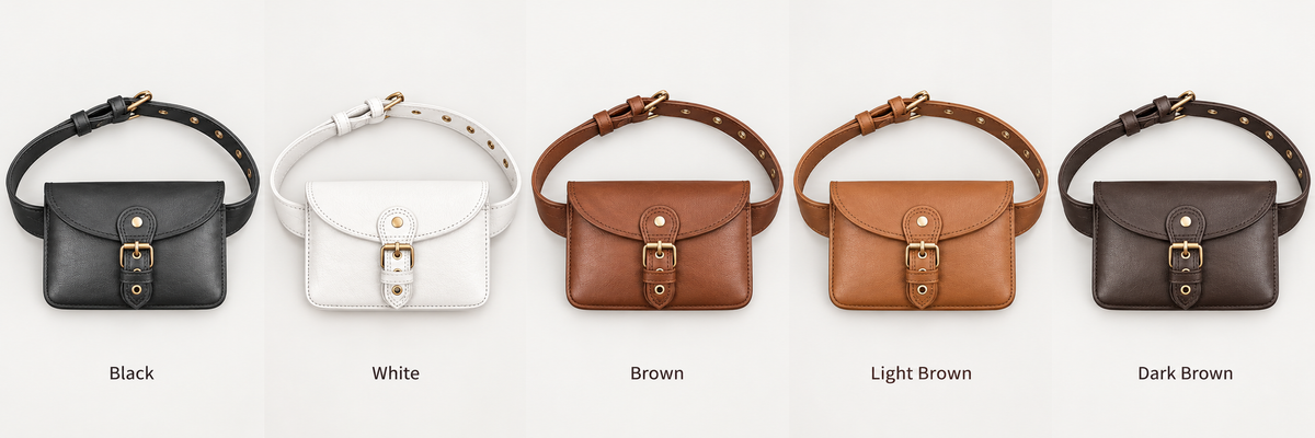 Fashionable black leather waist bag with metallic buckle detail