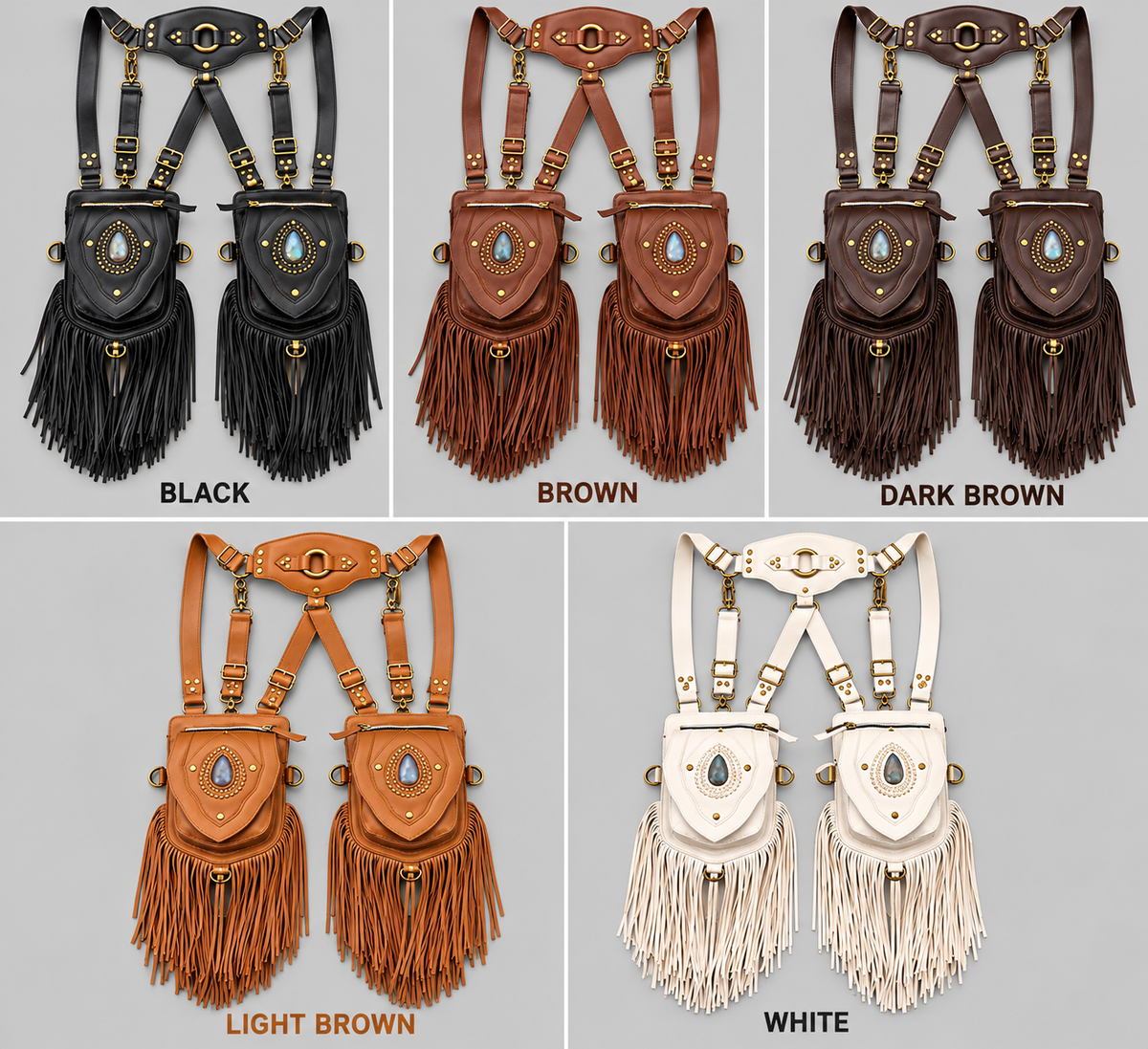 Boho white leather double pouch harness for women and men