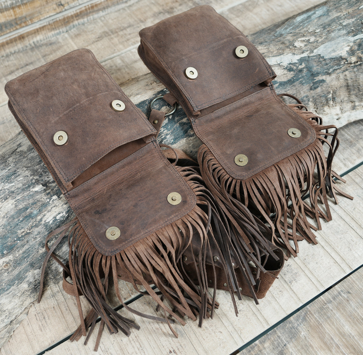 Brown Leather Chest Harness Bag with Fringe Pockets and Studded Yoke