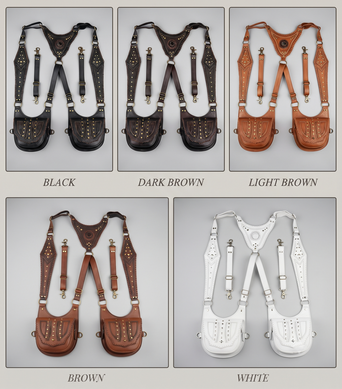 Handcrafted leather harness with two matching bags and decorative flap designs