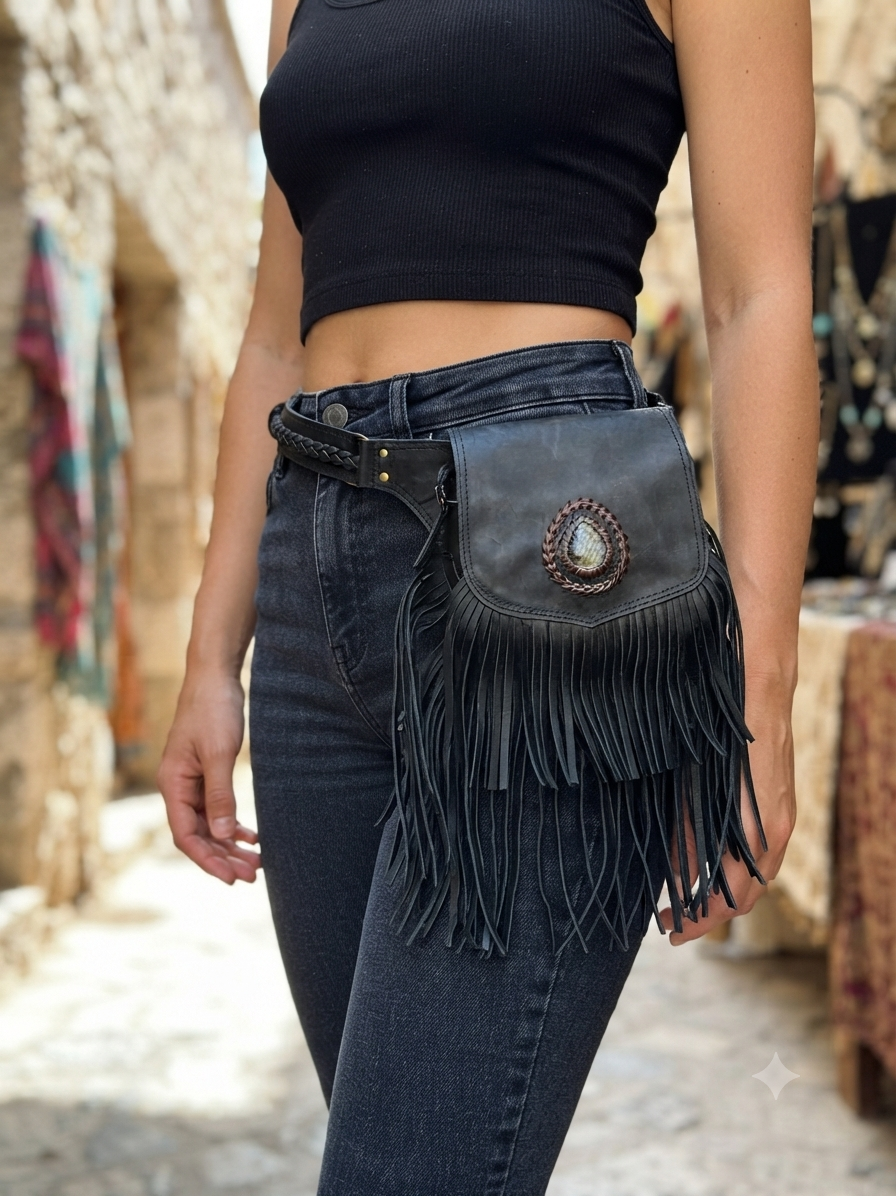 Handmade leather fringe hip pouch with Labradorite stone and antique brass hardware.