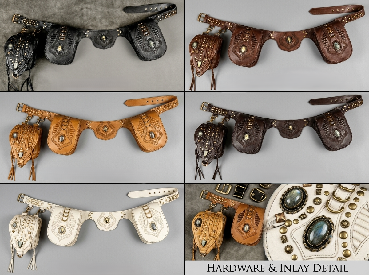 Handmade black leather hip belt for festivals with stone embellished pockets.