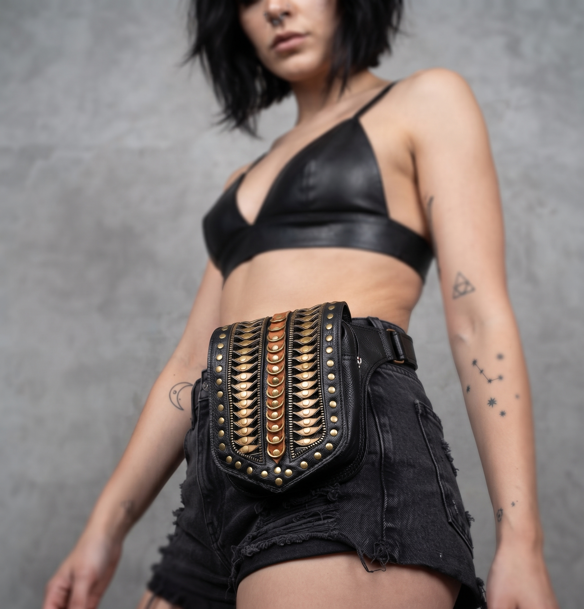 Black leather waist belt with decorative studded panel