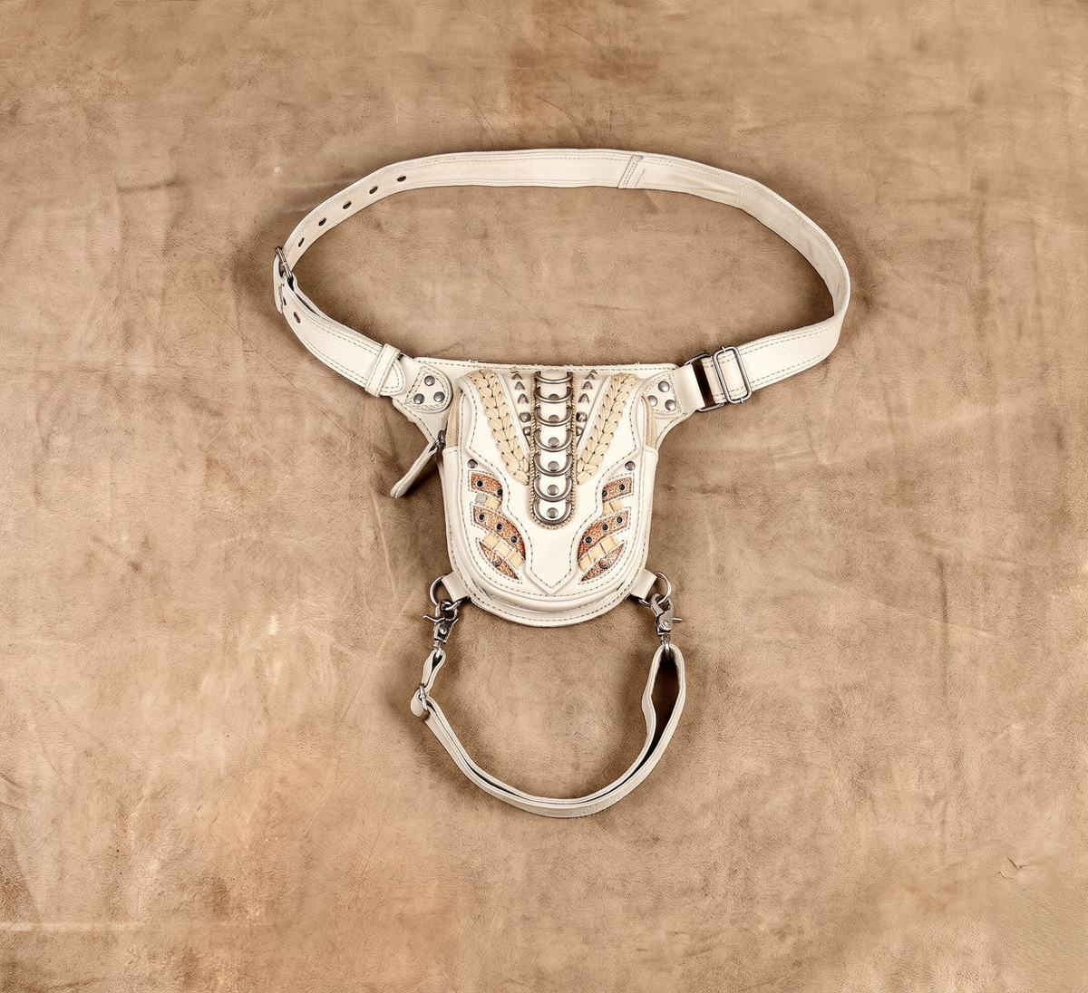 Unisex Black Leather Thigh Bag with Silver-Tone Studs, Adjustable Waist Belt & Leg Strap