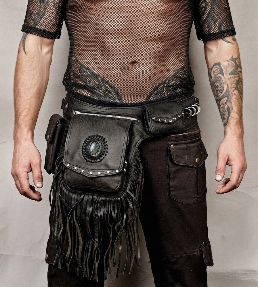 Handmade Leather Fringe Belt Bag with Labradorite Stone, Boho Festival Waist Pouch