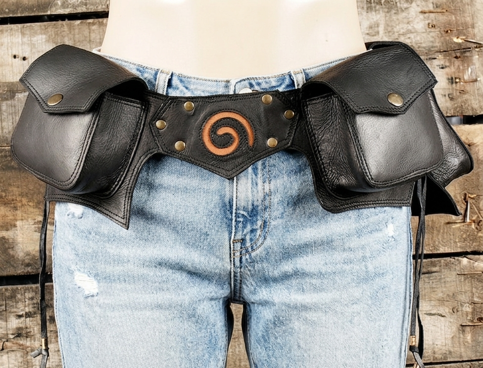 Black leather utility belt with pockets and spiral emblem.