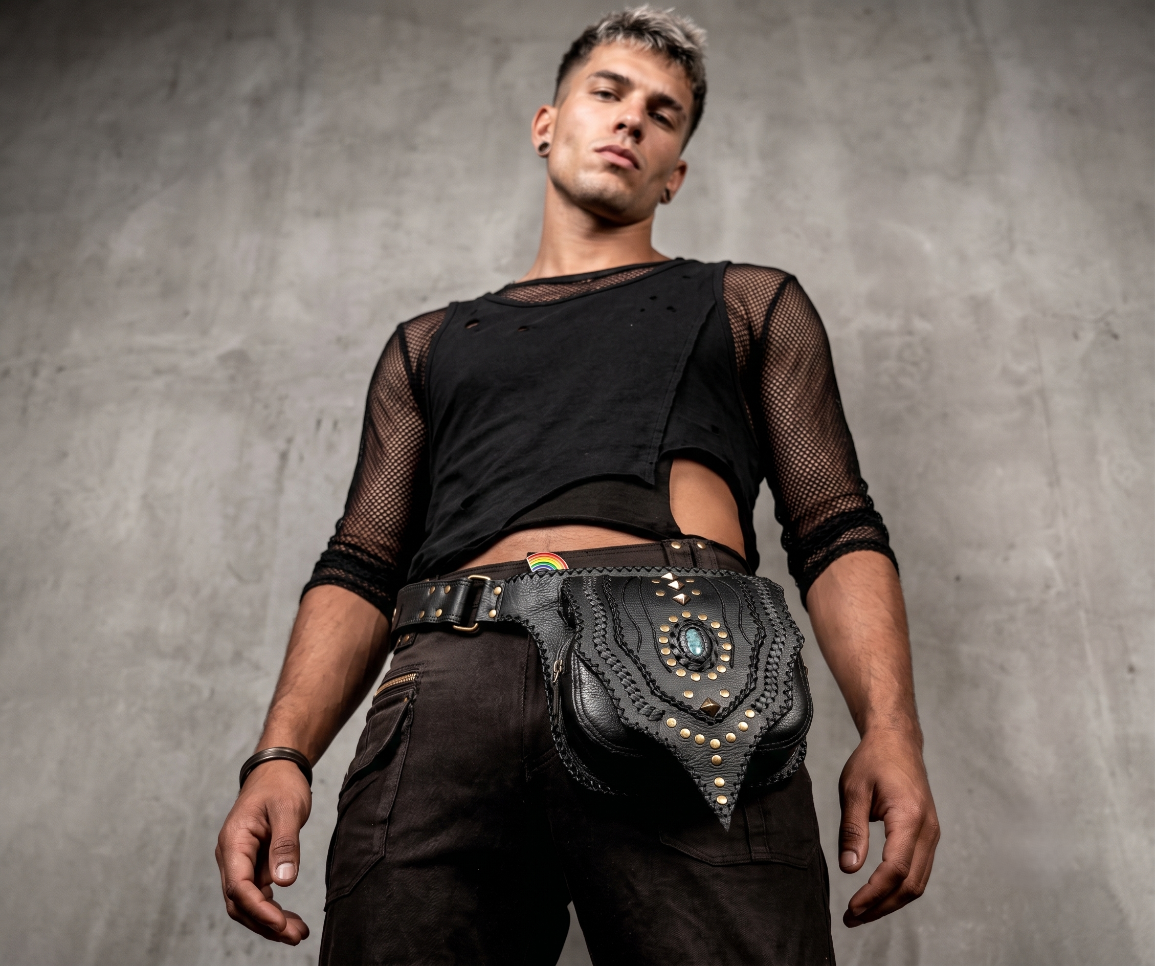 Handmade rustic leather utility belt with brass studs