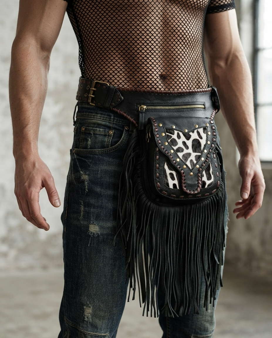 Black Leather Fringe Waist Belt Bag with Cow Print Detail and Antique Brass Hardware