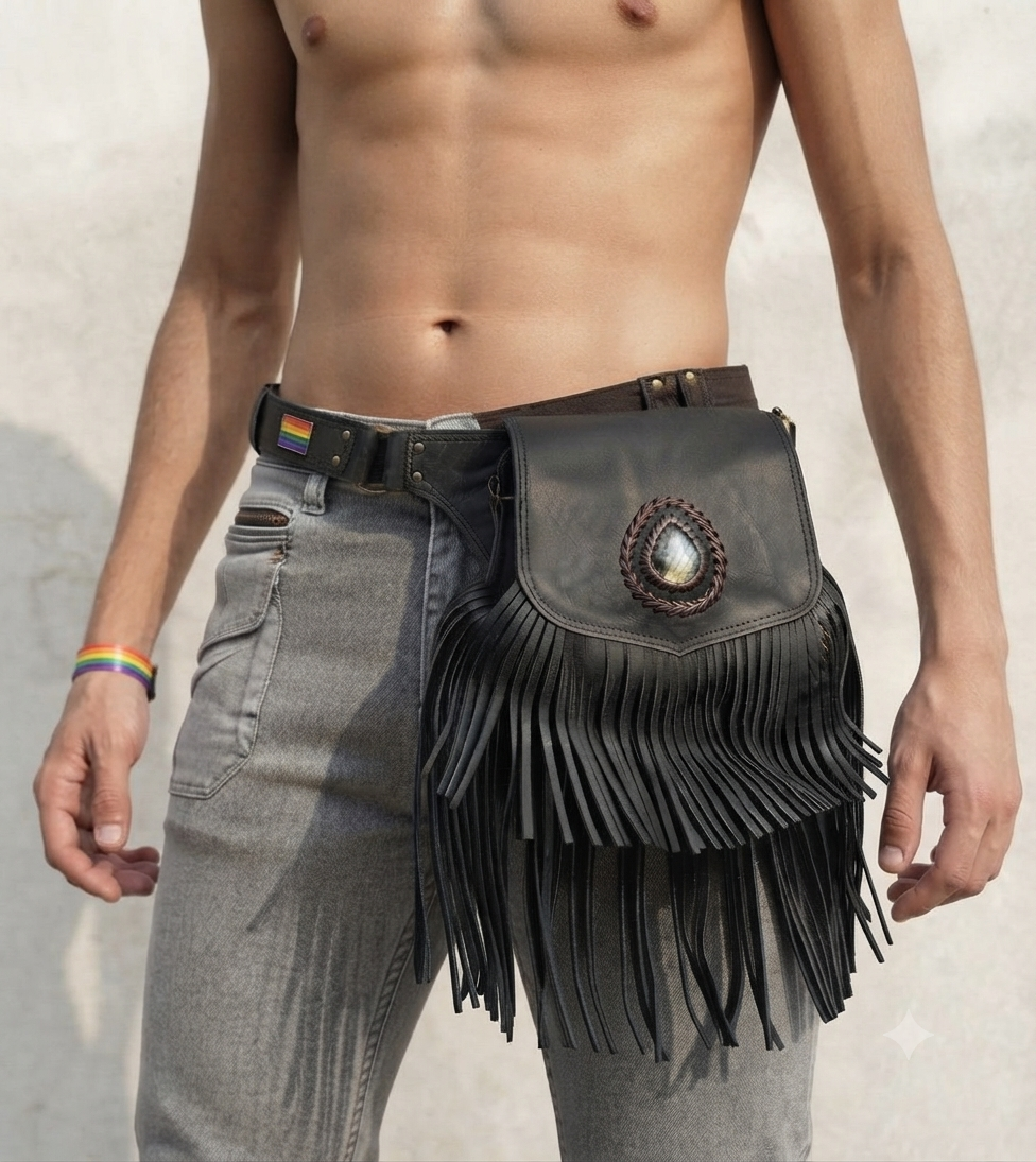 Handmade leather hip belt pouch with Labradorite stone for festival outfits.