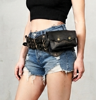 Unisex Handmade Black Leather Utility Belt Bag with Multiple Pockets and Antique Brass Hardware