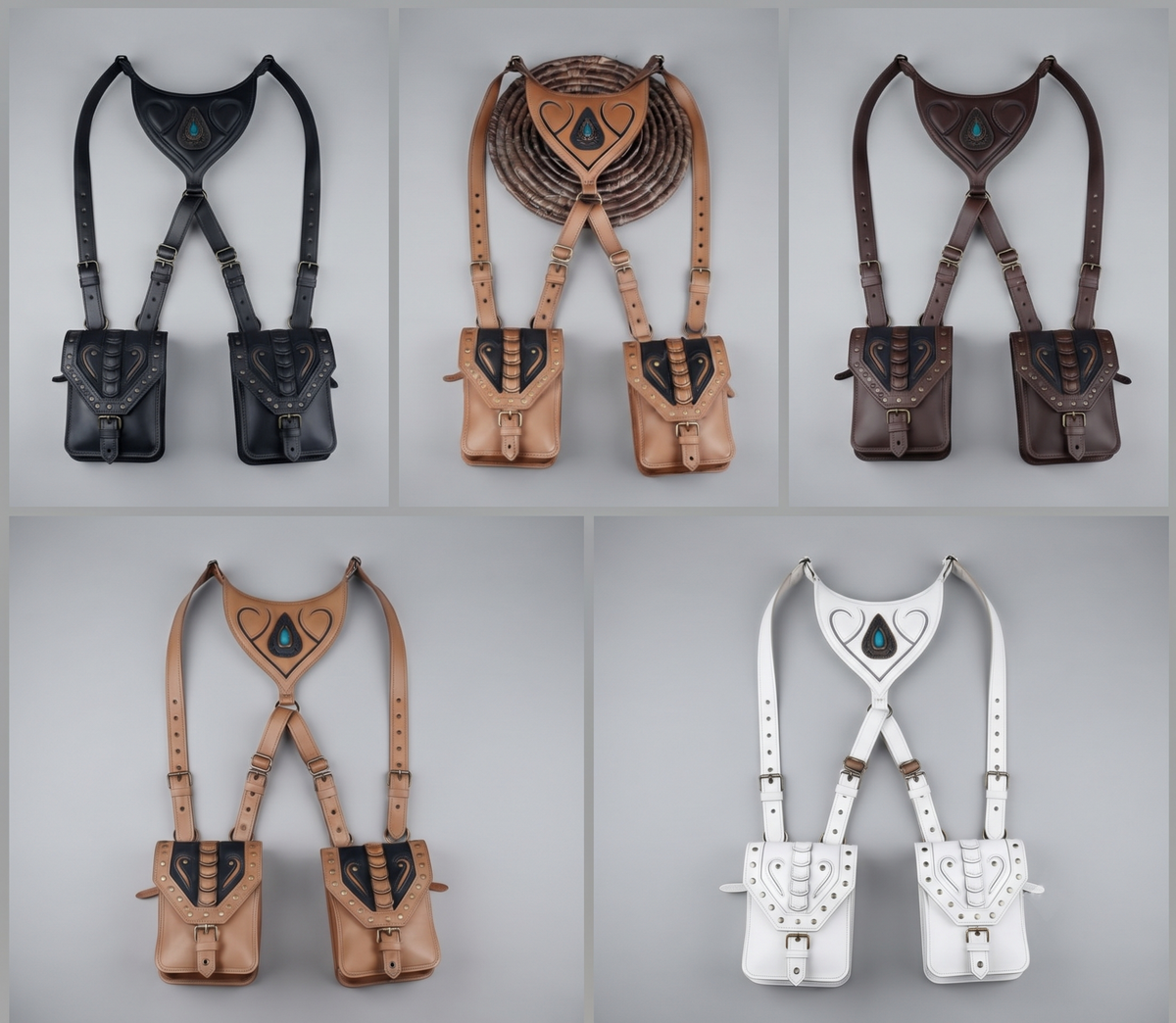 Unisex Tan Leather Shoulder Harness Bag with Gemstone and Studded Pockets