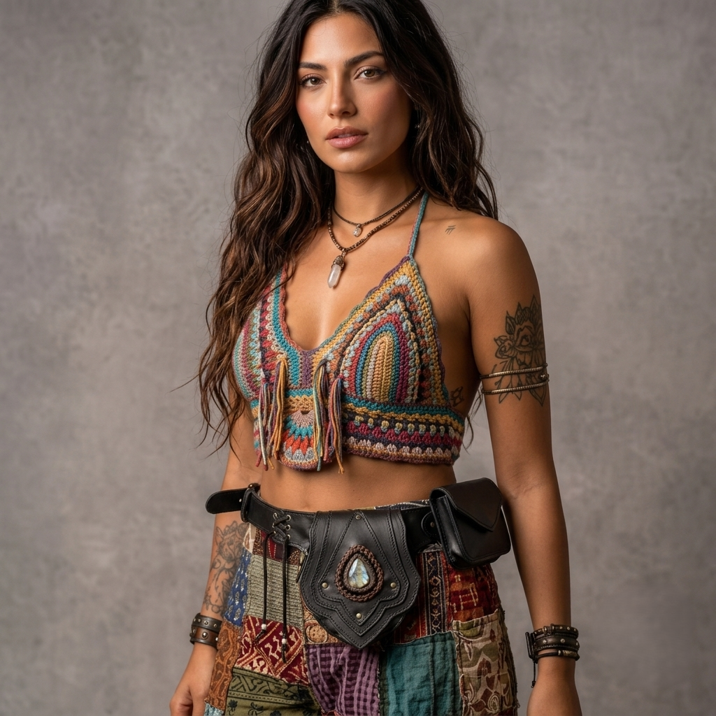 A woman modeling a bohemian-style outfit featuring a colorful embroidered triangle crop top, a black leather belt with a pouch, and patchwork pants, set against a textured gray studio background.