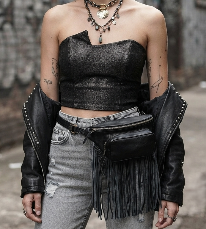 Black leather fringe waist bag with adjustable strap