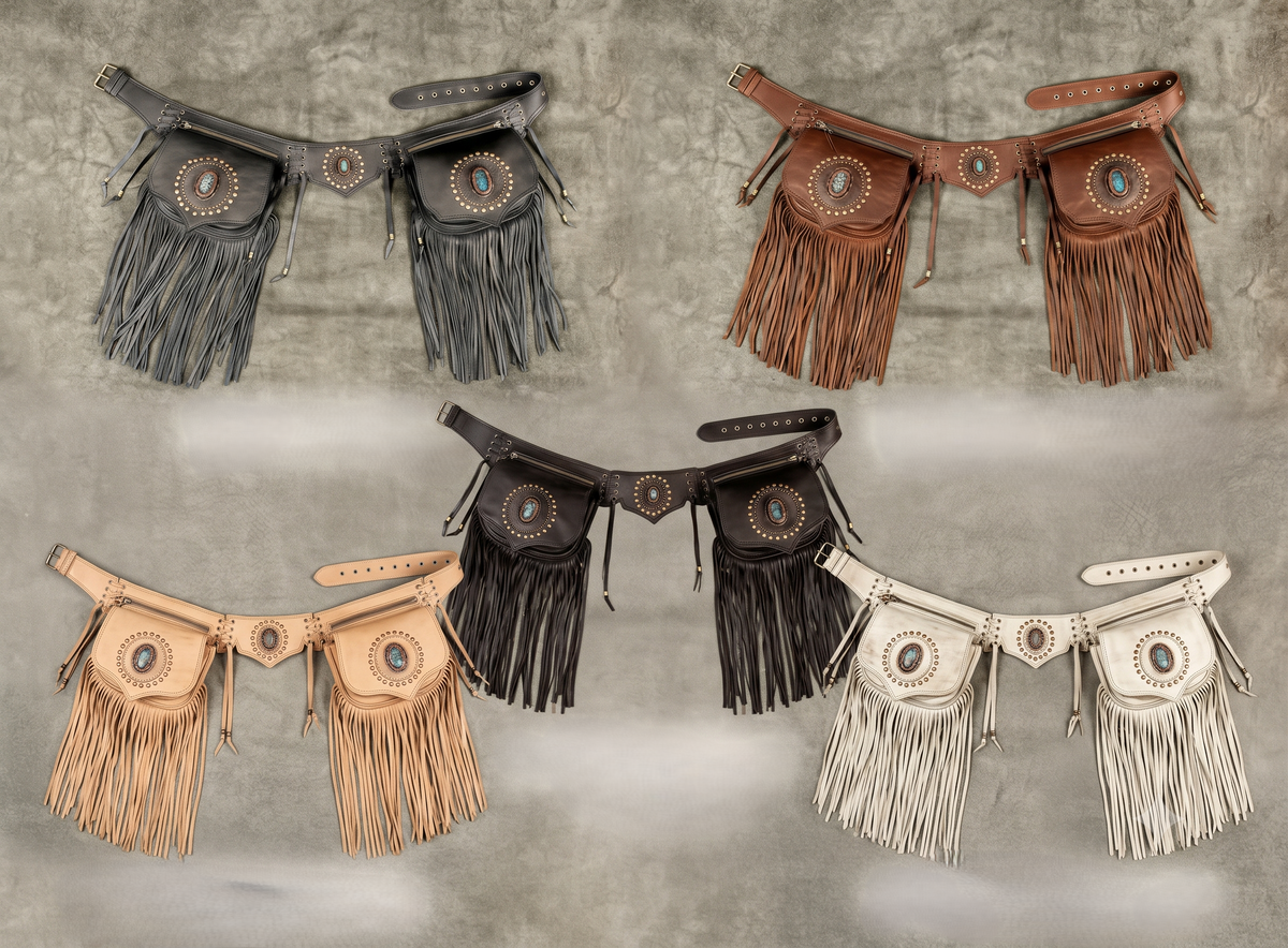 Black leather utility belt bag with western fringe and stone detailingBlack leather utility belt bag with western fringe and stone detailing