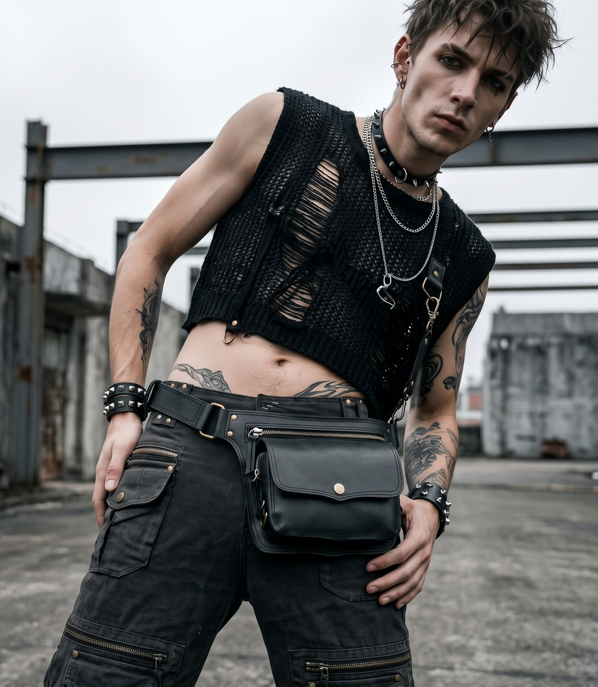Black Leather Fanny Pack Utility Belt with Antique Brass Buckle and Zipper Pocket