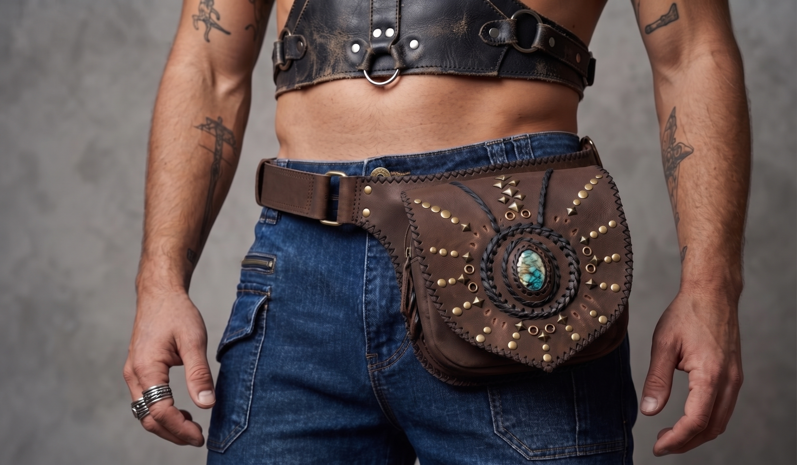 Studded leather hip pouch for festivals and everyday wear