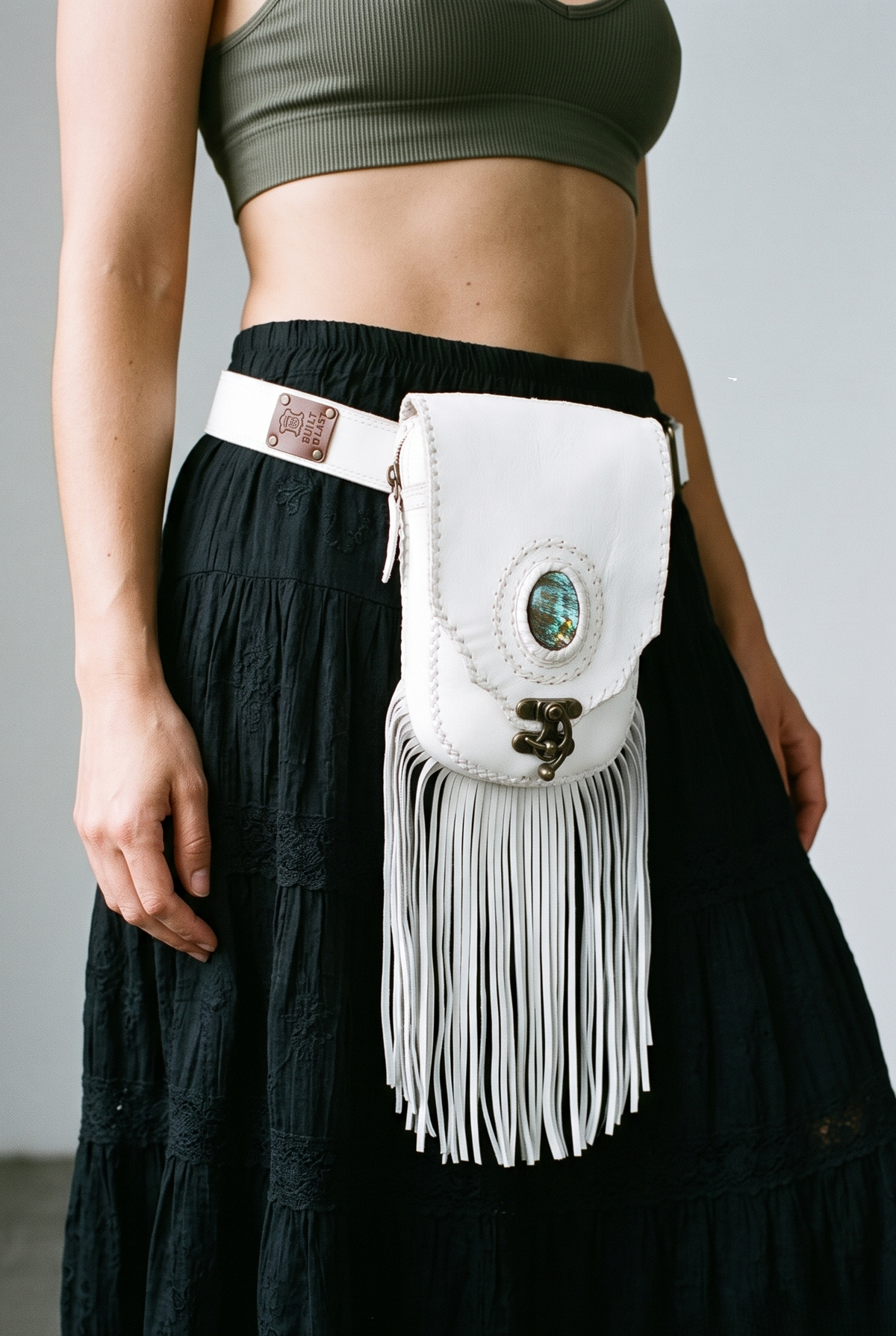 White Leather Fringe Belt Bag Boho Festival Hip Pouch Gemstone