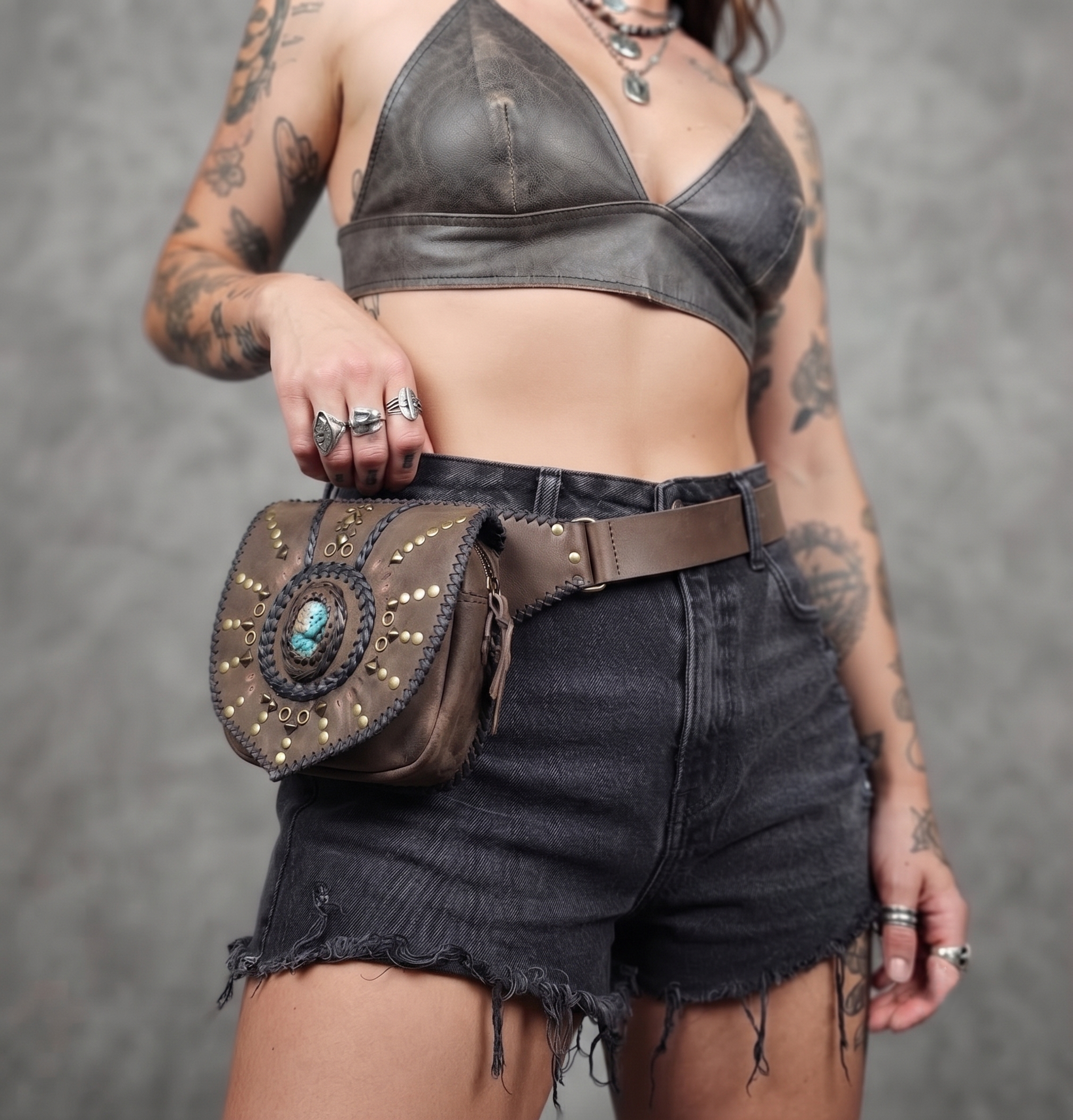 Brown leather hip bag with labradorite stone and antique brass studs