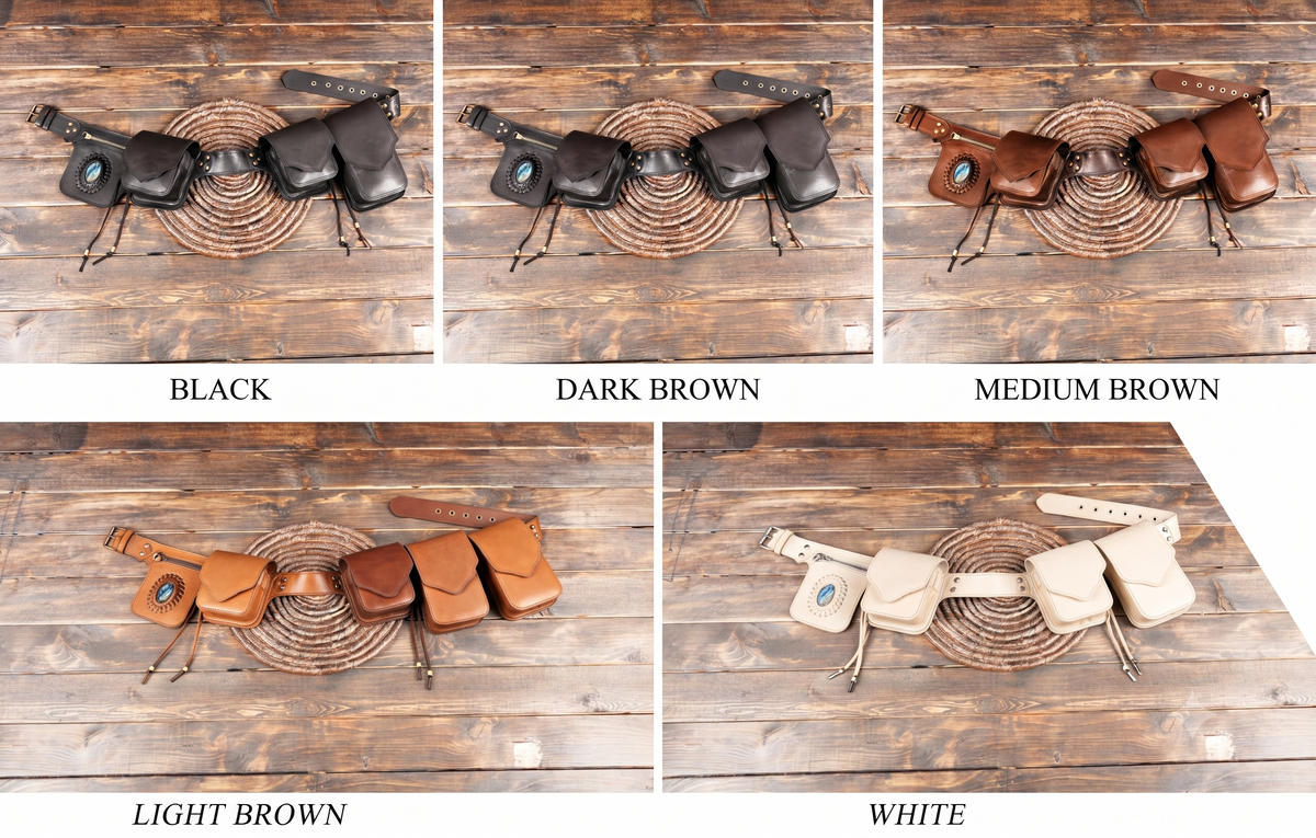 Black Leather Utility Hip Belt with Stone Accents and Brass Hardware