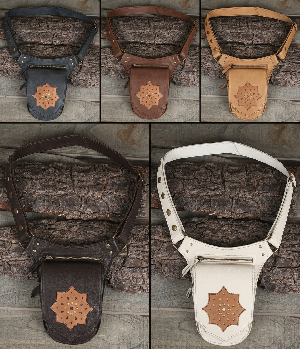 Alternative style black leather waist bag with star cutout patch