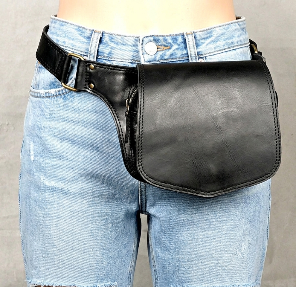 Designer black leather belt bag for a minimalist fashion look.
