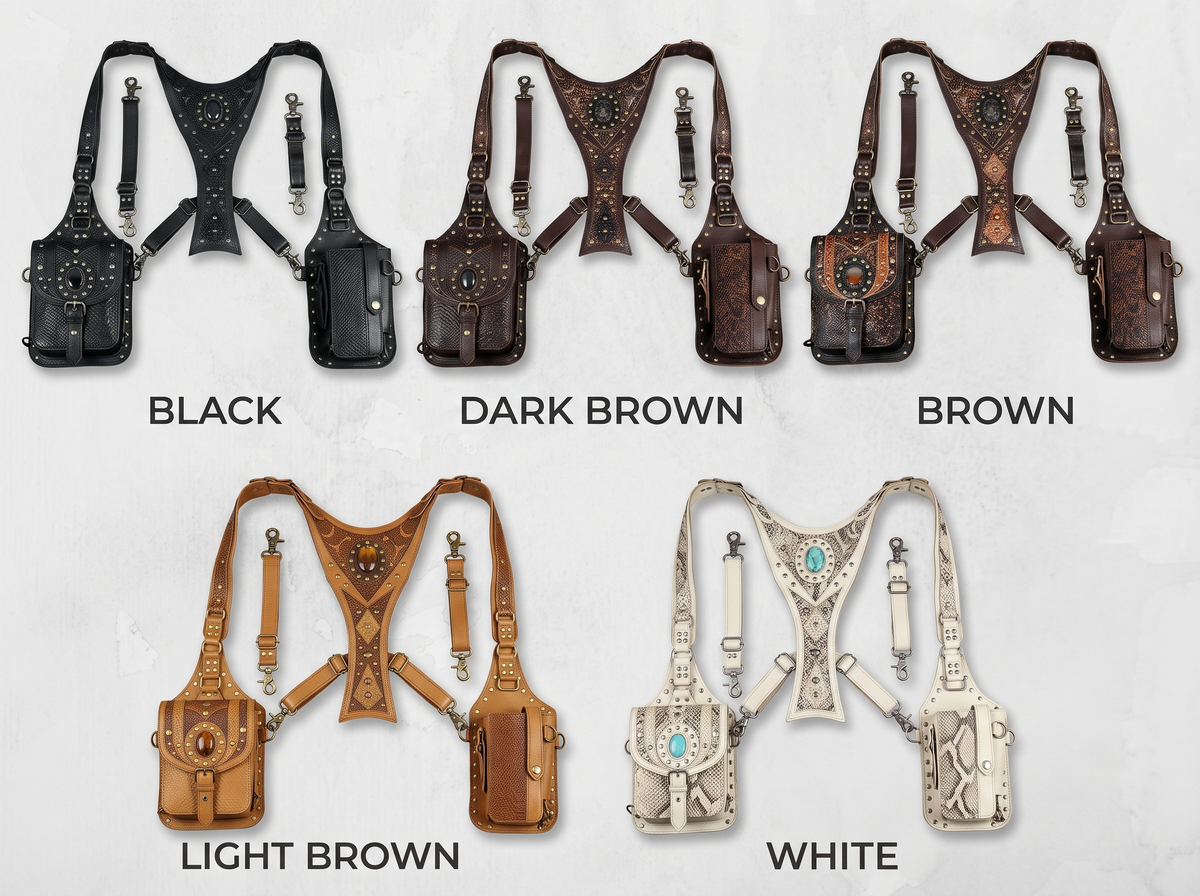 Brown Leather Shoulder Holster Bag with Studded Dual Pouches