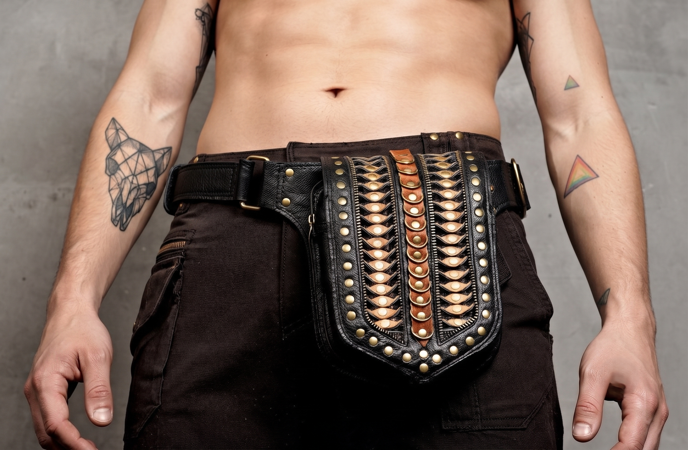 Leather waist harness belt with ornate front panel