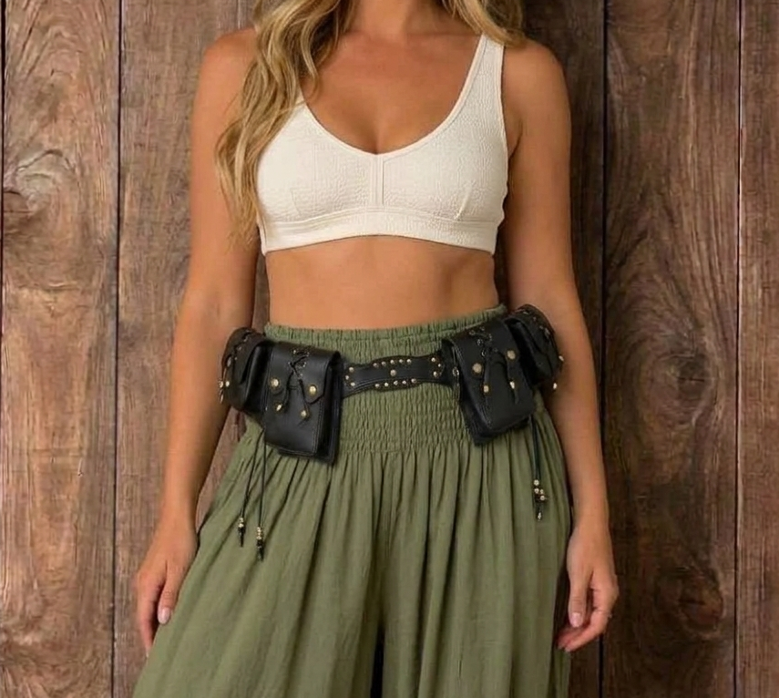 Black leather utility belt with four lace-up pouches and brass studs