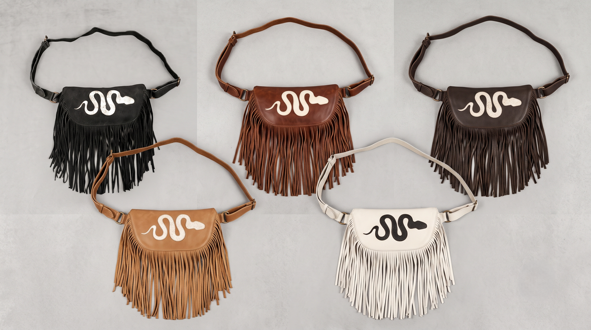Black Leather Snake Fringe Belt Bag Western Boho Festival Fanny Pack