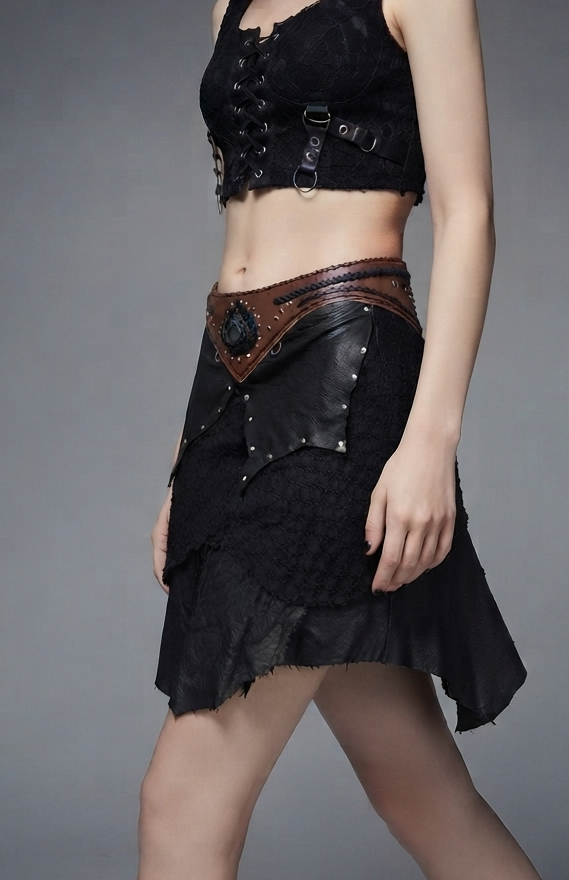 Handmade Black Leather Layered Skirt with Labradorite Stone, Brown Waistband and Silver Studs, Festival Clothing