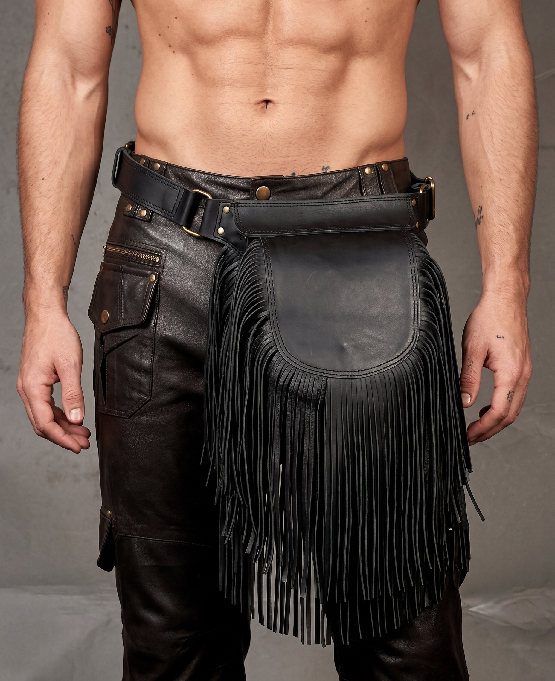 Black leather utility fringe pouch