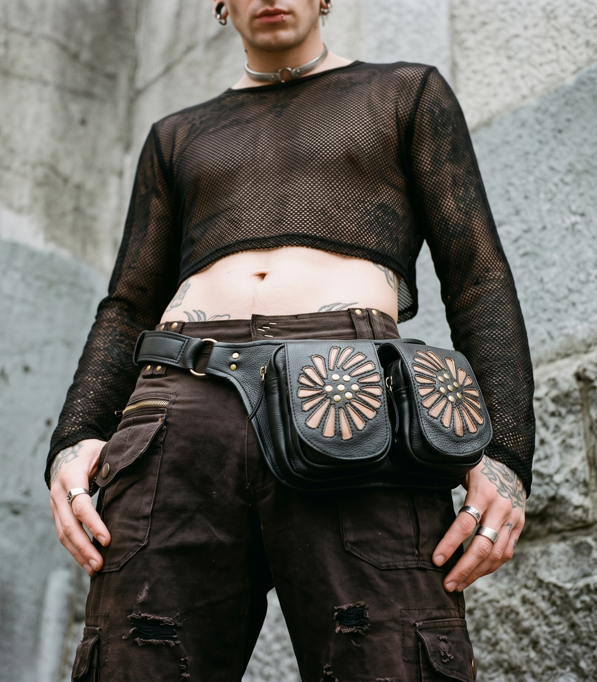 Black Leather Double Pouch Waist Belt Bag with Floral Design and Antique Brass Hardware
