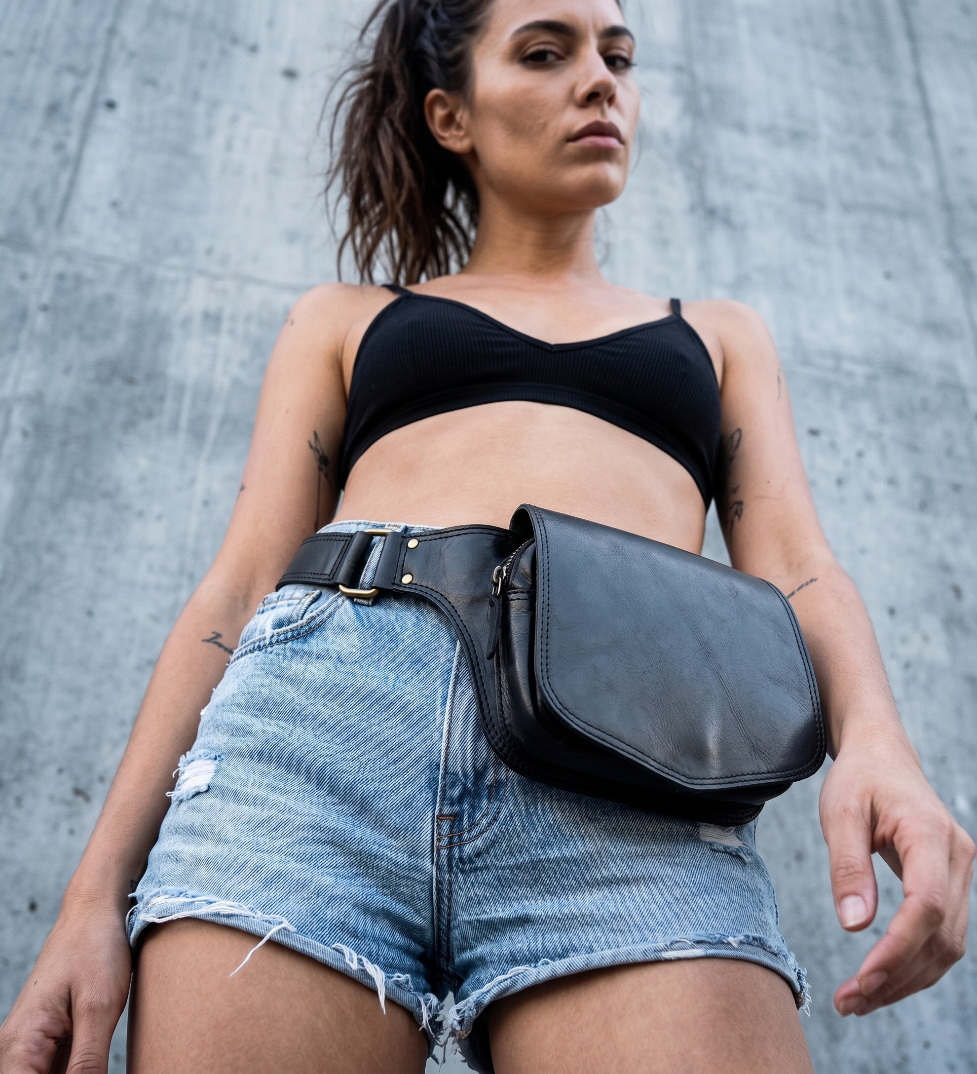 Black leather waist belt with front pouch