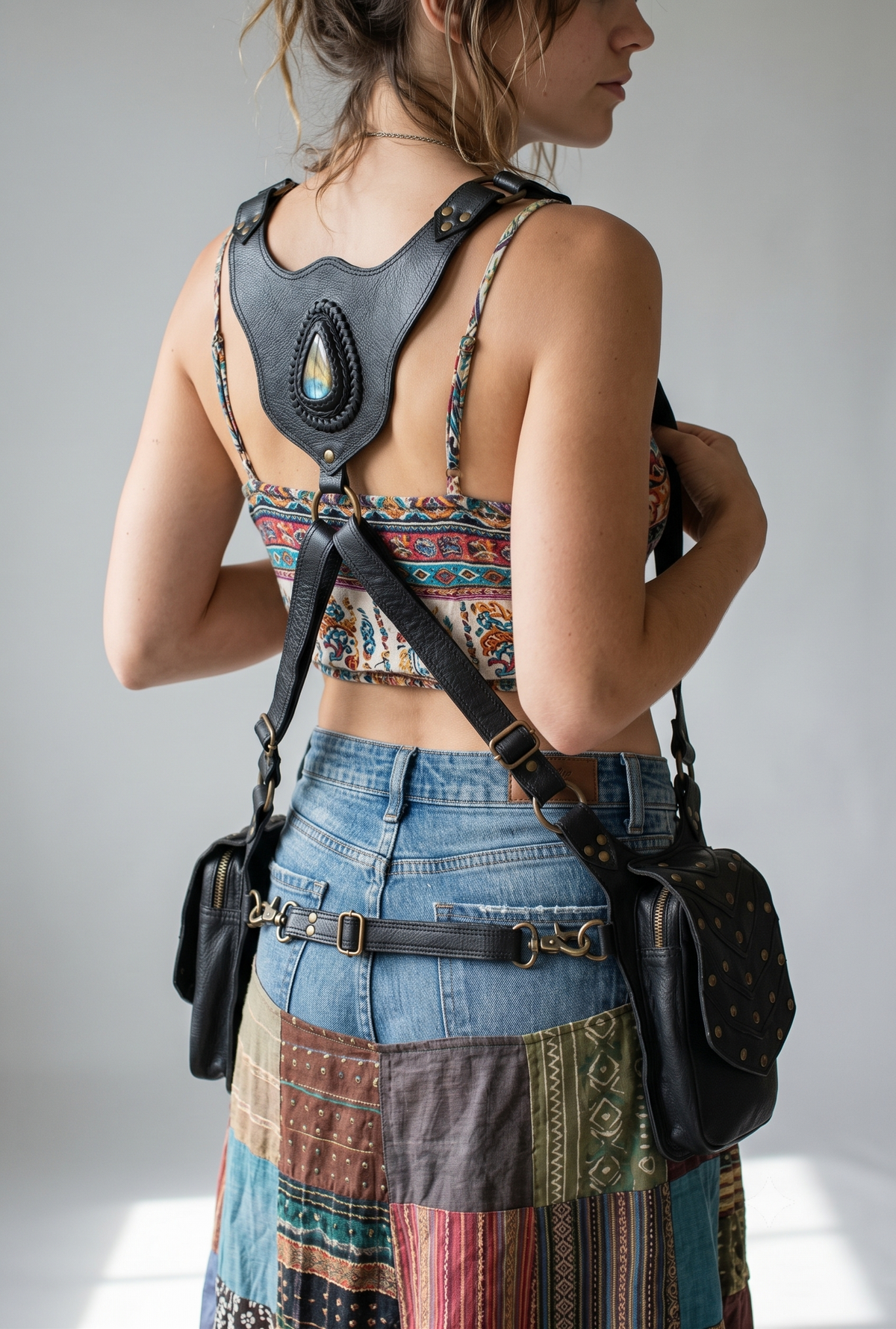 Unisex leather chest holster bag with multiple pockets for festivals and travel