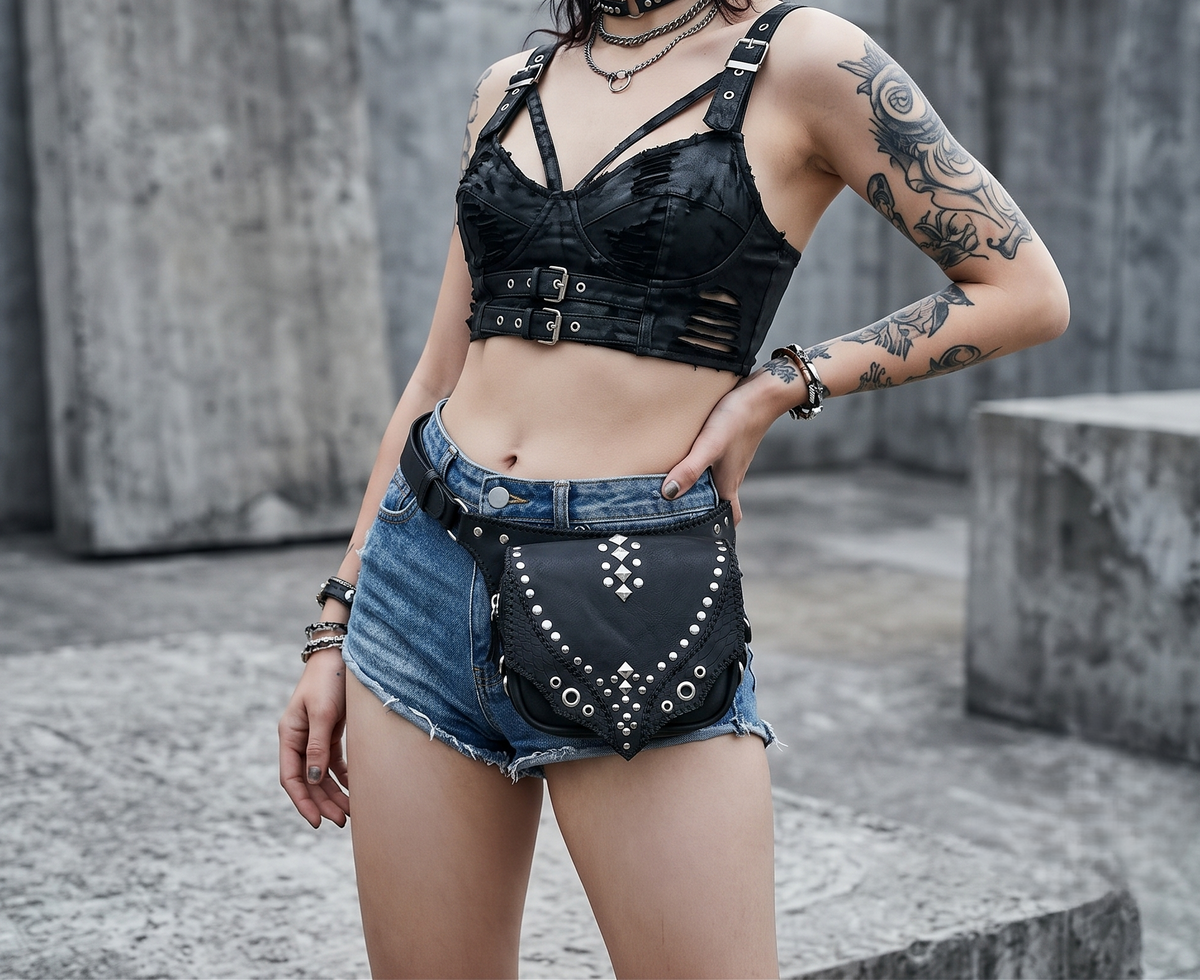 Black Leather Studded Biker Waist Bag with Adjustable Belt