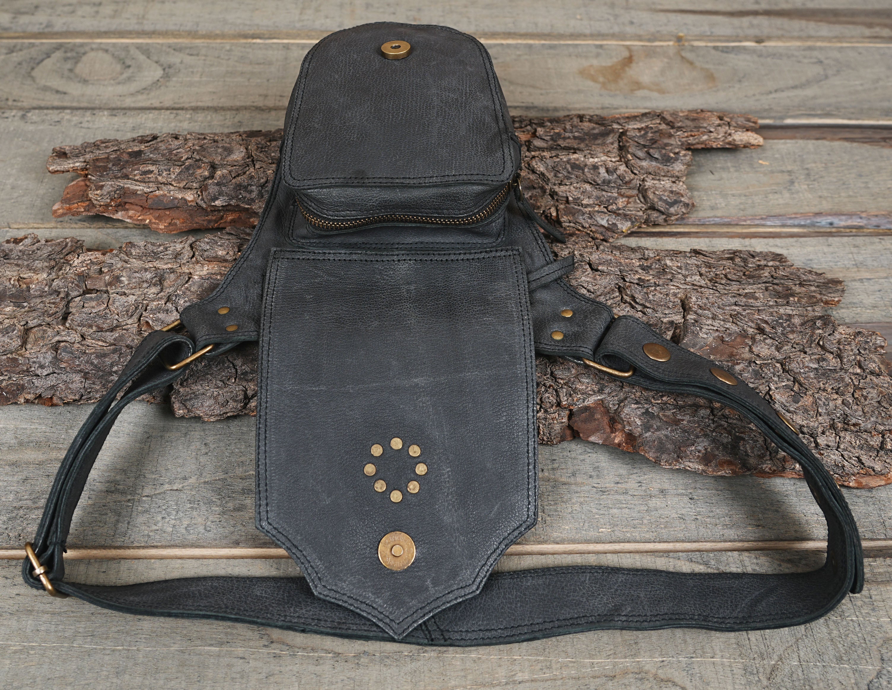 Genuine leather crossbody pouch with adjustable belt strap