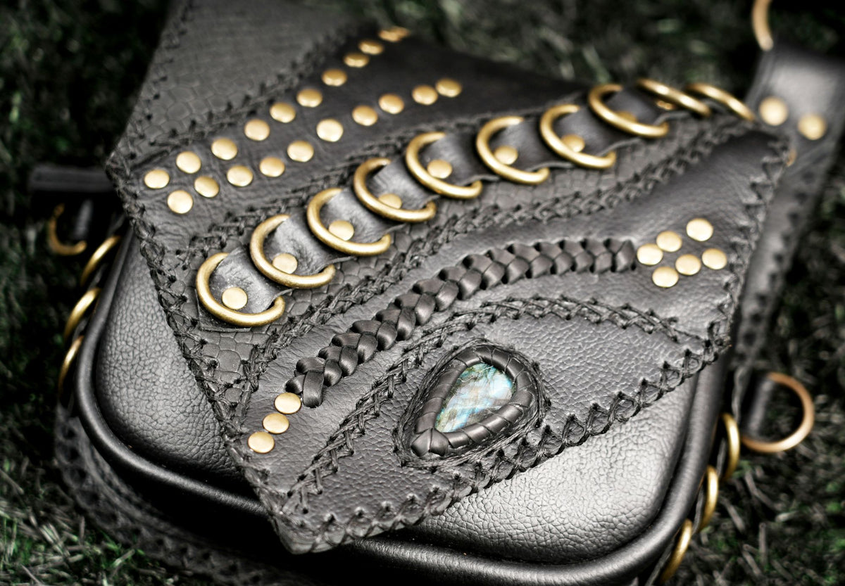 Black Leather Shoulder Holster Bag with Studded Dual Pouches