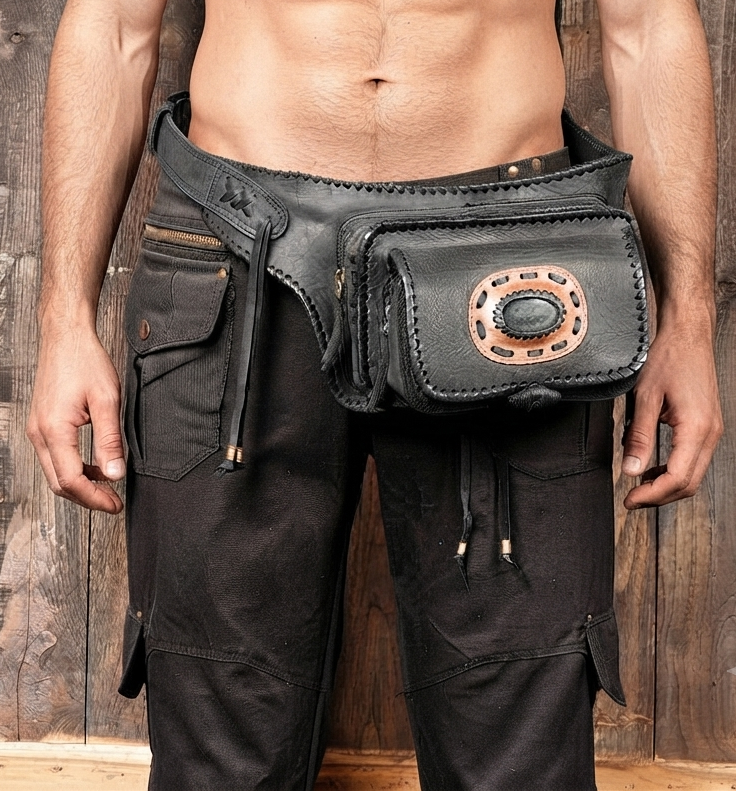 Genuine leather festival bag with whipstitch edge and gemstone