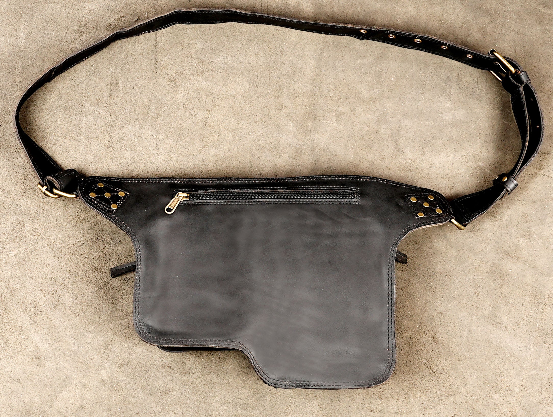 Genuine leather multi pocket bag, full flat lay view