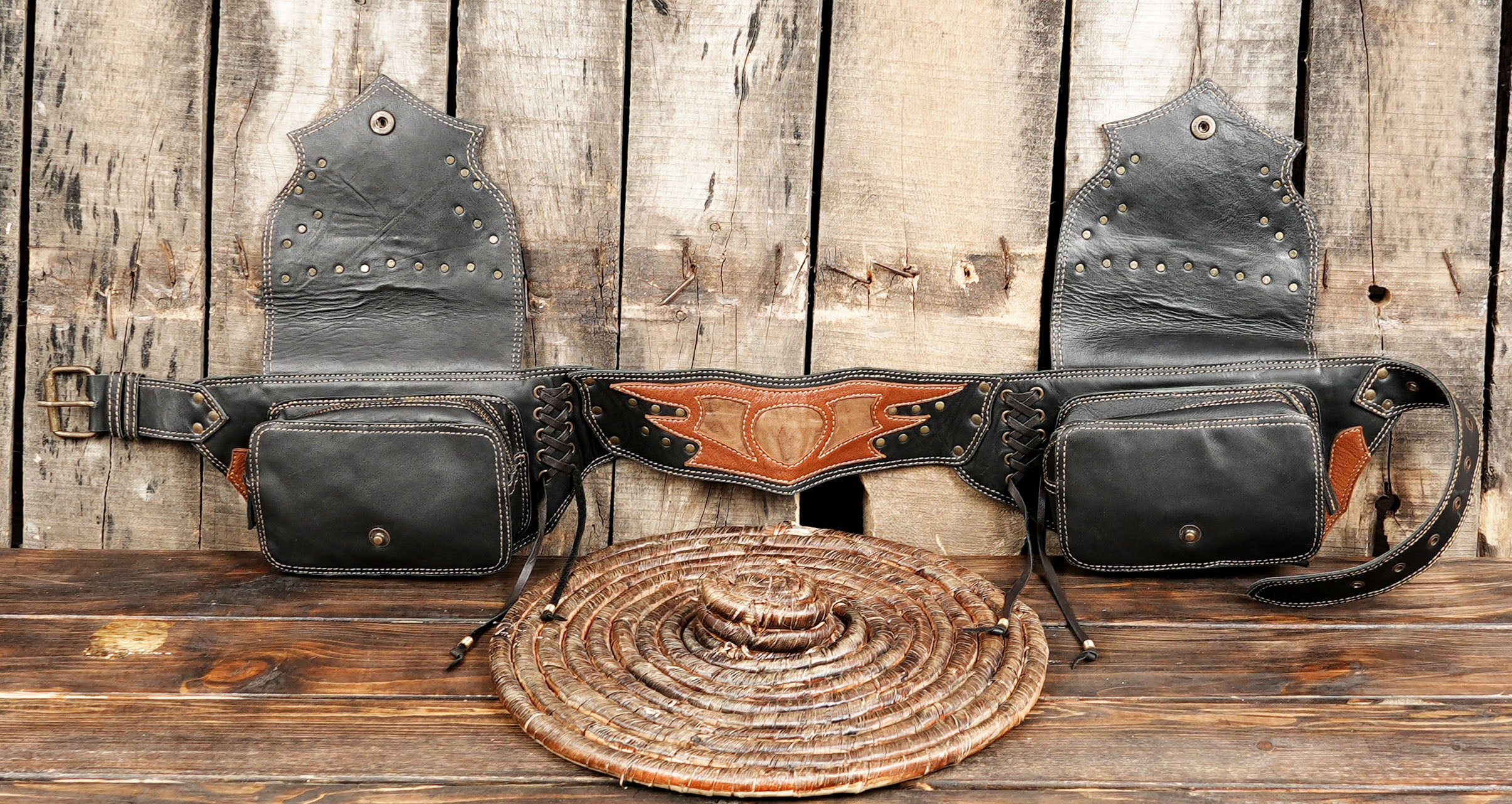 Genuine leather utility belt bag with an adjustable buckle strap