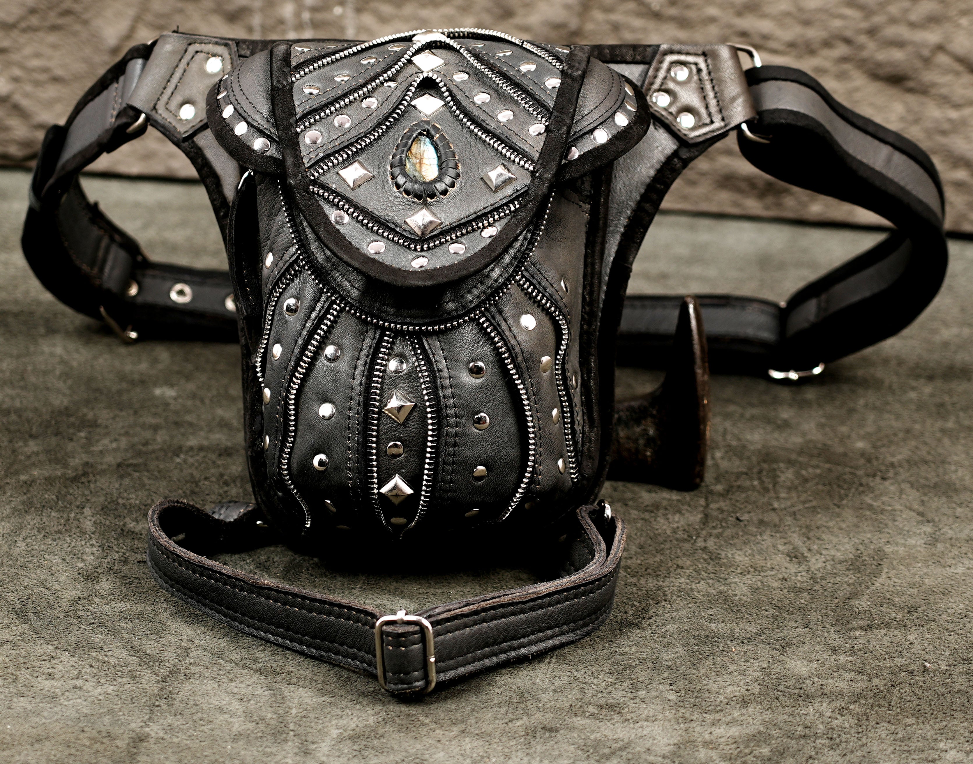 Gladiator style leather holster with chrome stud accents