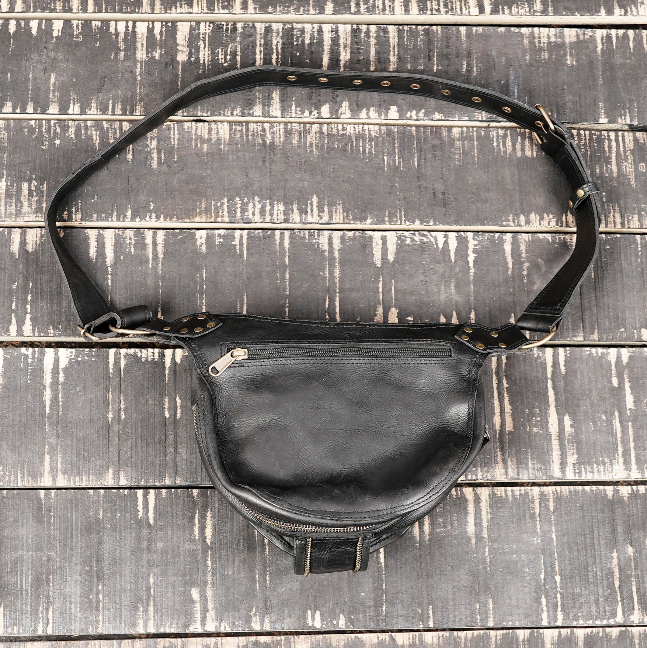 Gothic leather belt bag with antique brass hardware