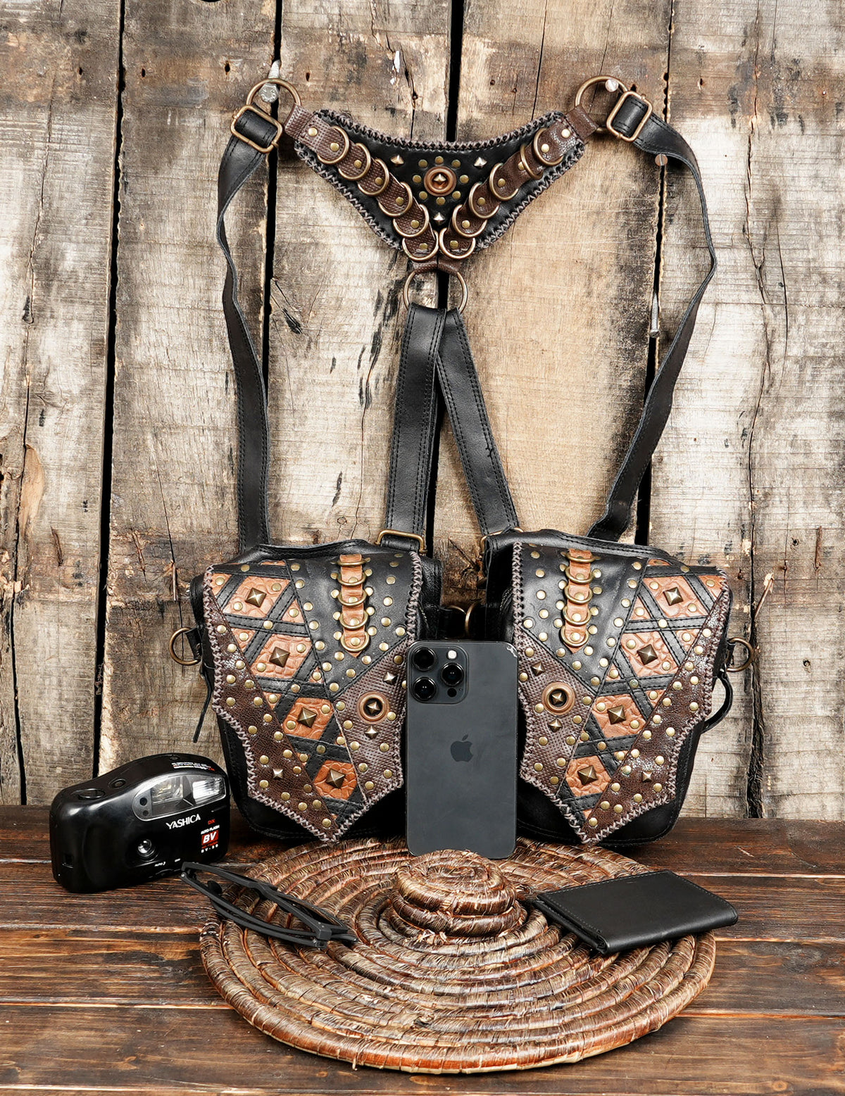 Unisex Black Double Pouch Harness Bag with Antique Brass Studs