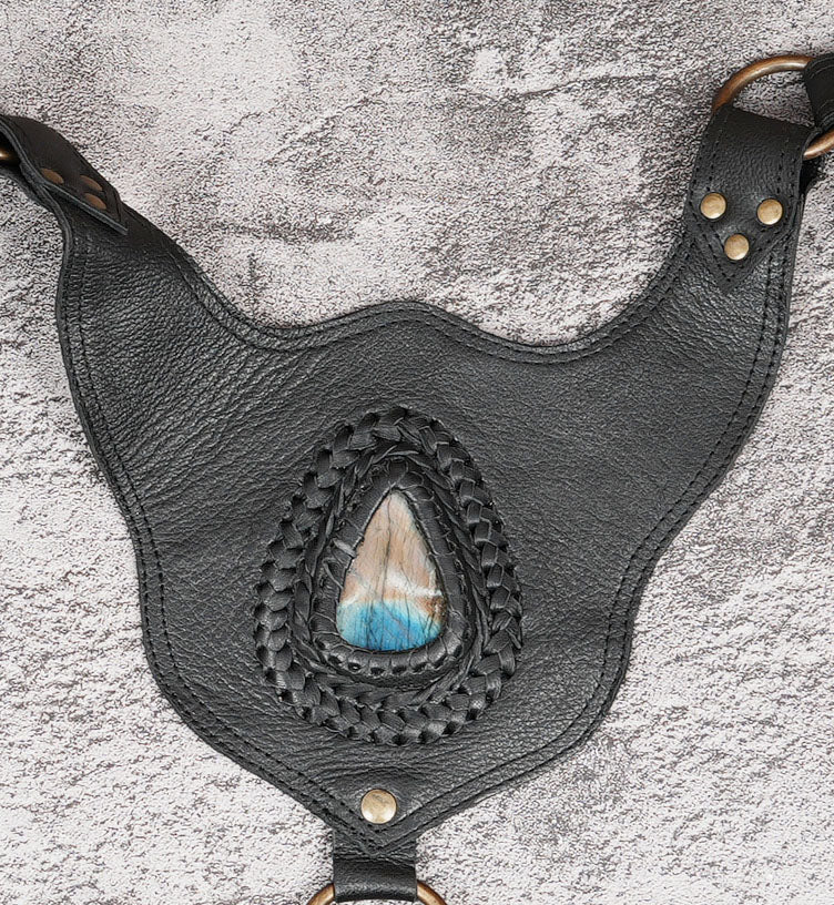 Leather shoulder holster bag with Natural Labradorite centerpiece and brass studs