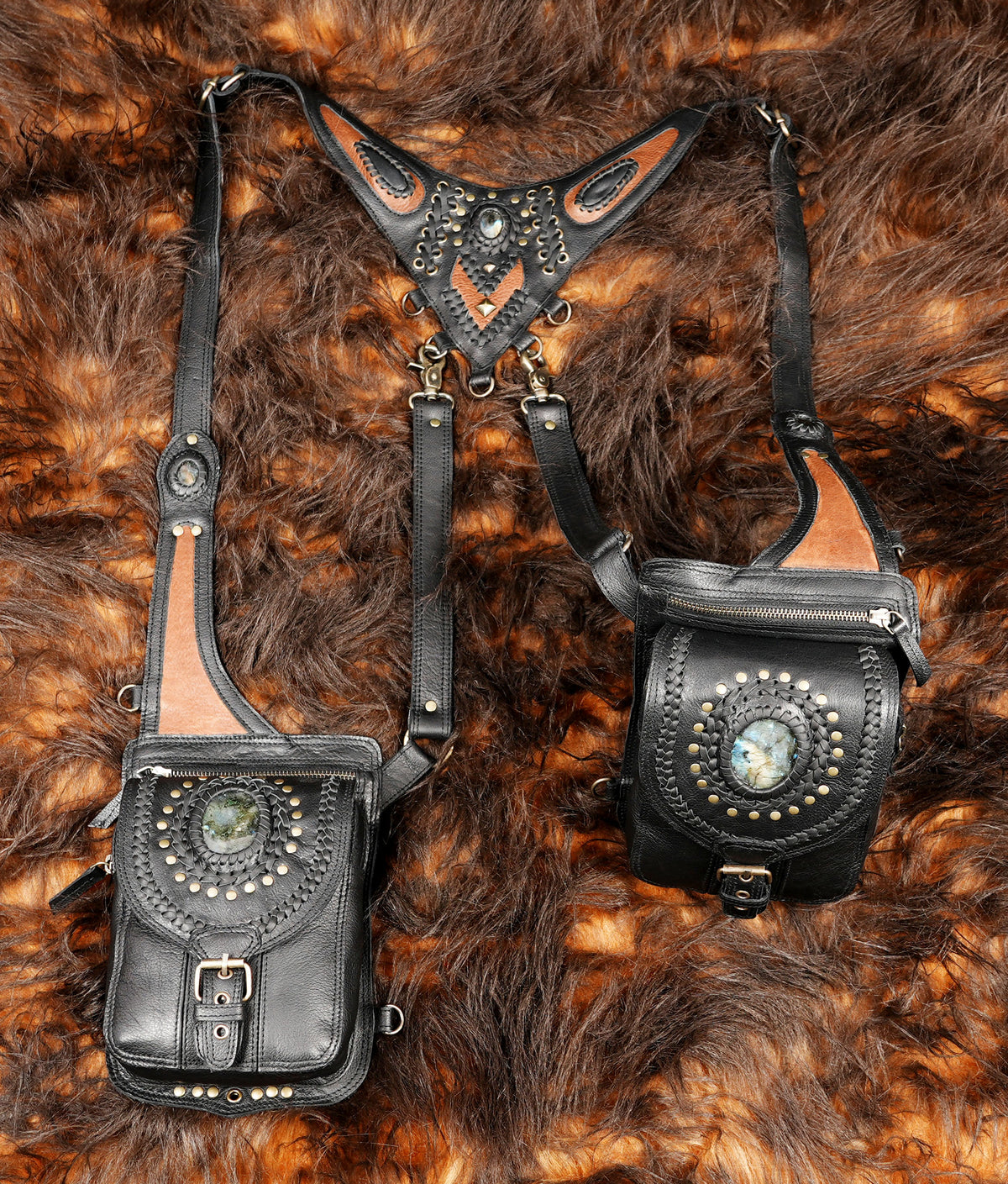 Black Leather Dual Holster Harness Bag Unisex Festival Chest Rig