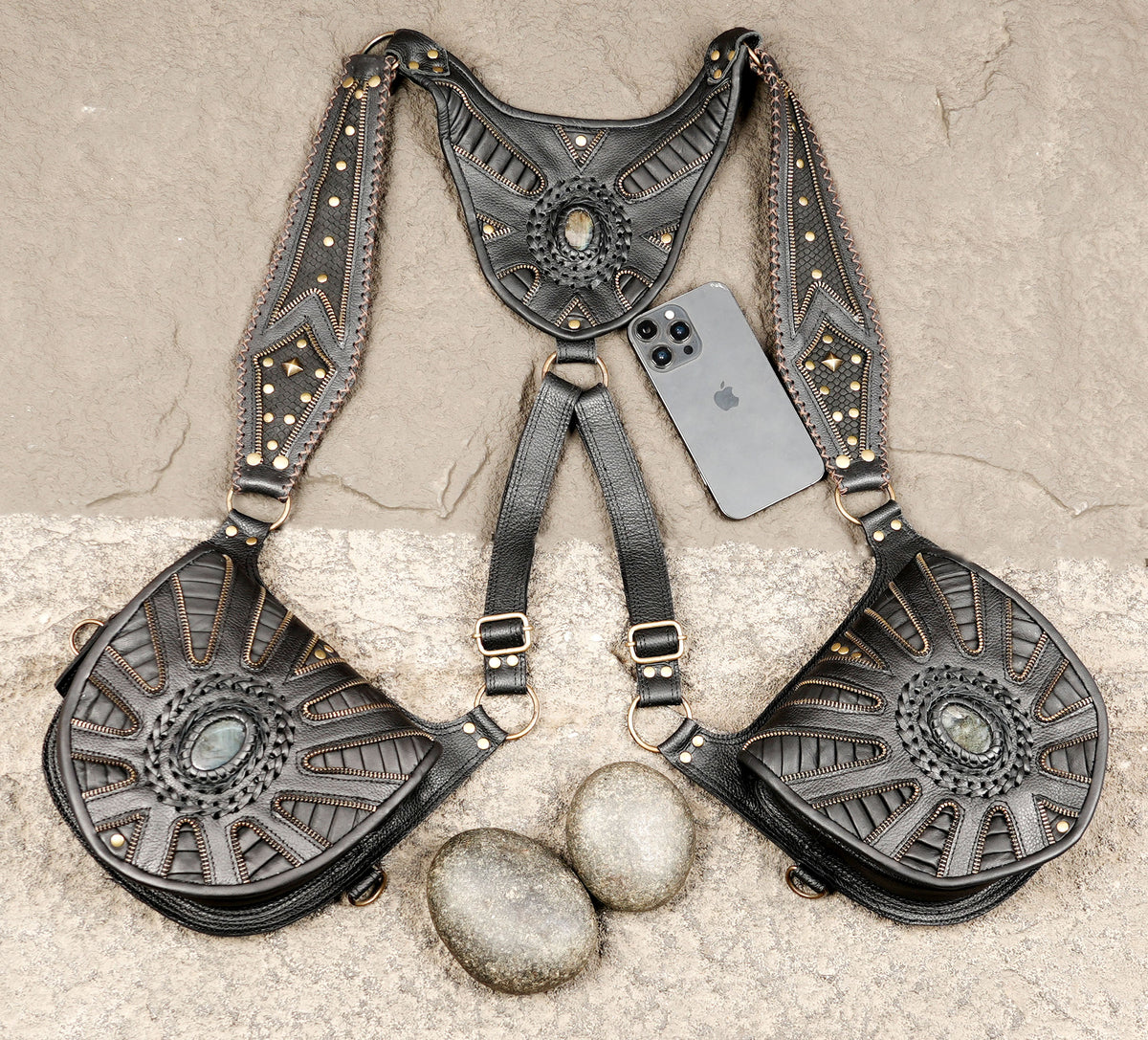 Black leather dual pouch harness for biker fashion and alternative outfits