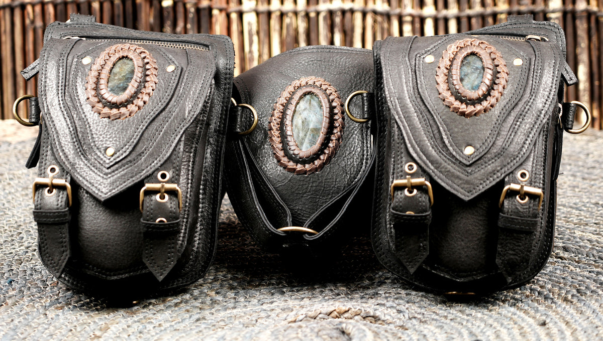 Unisex Black Leather Festival Harness Bag with Decorative Natural Labradorite Stones